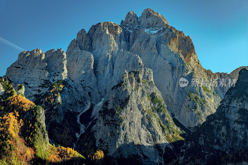 与Sella Somdogna，秋天落叶松，朱利安阿尔卑斯山，意大利，欧洲的蒙塔兹山的观点